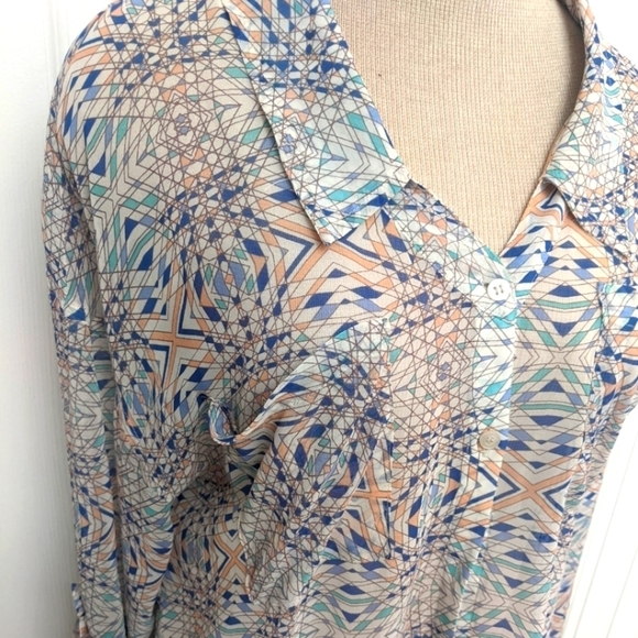 Free People Sheer Cream Geometric Button Down Top - Picture 3 of 10